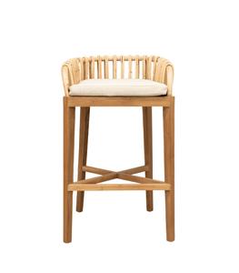 Tabouret de bar en teck avec tressage en fibres naturelles, écologique, résistant à l'eau, durable, directement de l'usine, assise de bar minimaliste - Product Image 1