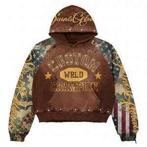 Custom <b>Vintage</b> Washed <b>Oversized</b> Hoodie Heavyweight Cotton Embroidery Rhinestone Men's Patchwork Hoodies & <b>Sweatshirts</b> - Product Image 1