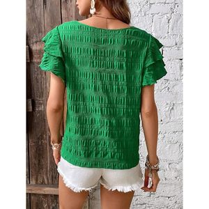 Blouses d'affaires élégantes pour femmes été hauts décontractés habillés avec volants manches courtes col rond tailles XS à XL motif brodé - Product Image 3