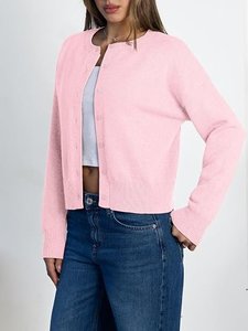 Cárdigan corto de punto rosa para mujer, suéter informal con botones y cuello redondo de manga larga - Product Image 4