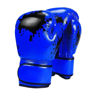 Gants de boxe bleus en PU avec imprimé noir effet gouttelettes et fermeture Velcro pour adultes – Équipement d'arts martiaux - Product Image 1