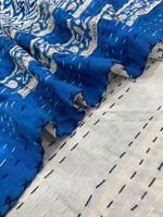 Couverture Kantha en coton bleu avec motif zig-zag marin, imprimée à la main, écologique, pour la décoration de la maison, utilisable toute l'année
