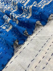 Blue Cotton Kantha <b>Quilt</b> With Marine Zig Zag Pattern Hand Block Printed Eco-Friendly Home Decor <b>Throw</b> Cover All-Season - Product Image 1
