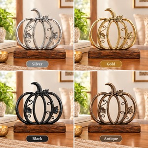 Objeto Decorativo de Calabaza Plateada sobre Base de Madera, Decoración Rústica Otoñal para Mesa, Adorno para Acción de Gracias - Product Image 3