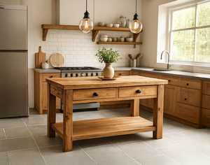 โต๊ะครัวไม้เนื้อแข็งพร้อมลิ้นชักเก็บของคู่และชั้นวางแบบเปิดด้านล่าง เฟอร์นิเจอร์ครัวสไตล์ฟาร์มเฮาส์แบบแข็งแรงทนทาน - Product Image 1