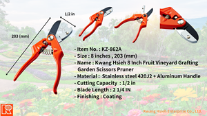 Sécateur de jardin Kwang Hsieh 8 pouces, type enclume, lame en acier inoxydable, poignée antidérapante, outil de vignetterie - Product Image 6