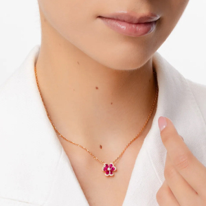 Rose Gold Plated <b>Ruby</b> Flower Pendant <b>Necklace</b> With Diamond Accents Women's Romantic Everyday Wear Box Chain - Product Image 2