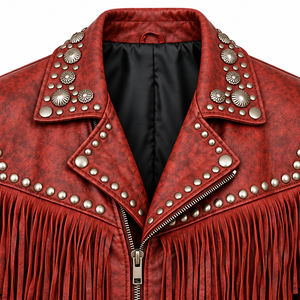 Chaqueta Bomber de Cuero Genuino Roja para Hombre, Estilo Casual, Motociclista, con Borlas y Tachuelas, Cierre de Cremallera, Cuello Camisero, Transpirable - Product Image 3