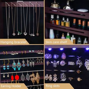 Armadietto Portagioie a Specchio Non Completamente Specchiato, da Parete in Legno, con 4 Ripiani, 6 Cassetti, 8 Luci LED Blu, Marrone Scuro YF - Product Image 3