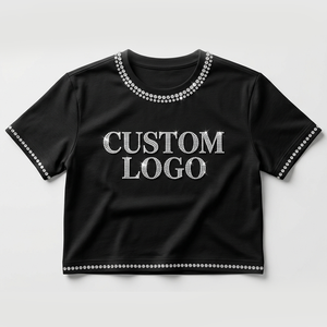 เสื้อยืดครอปพิมพ์โลโก้ตามสั่ง เนื้อผ้าหนา 300GSM ประดับคริสตัลคุณภาพสูงที่คอเสื้อและแขนเสื้อ สำหรับผู้ชาย - Product Image 1