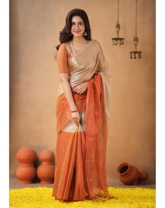 Sari Tradicional de Seda para Mujer KV, Color Naranja con Bloques de Color, Diseño Pintado a Mano, para Fiestas, Blusa Sin Costuras, Reversible, de Secado Rápido y Antiarrugas - Product Image 3