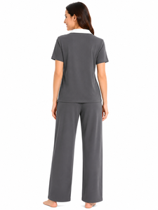 Conjunto de Pijama Casual para Mujer, Color Gris Carbón, Cuello Polo, Manga Corta, Pantalones Holgados de Mezcla de Algodón Suave, Dos Piezas - Product Image 3