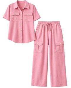Conjunto coordinado de dos piezas rosa para mujer, camisa de manga corta con botones y pantalones cargo de pierna ancha, conjunto informal de verano para mujer. - Product Image 1