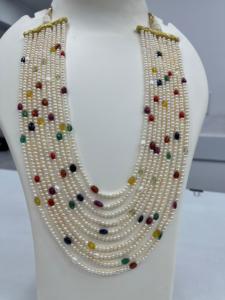 Perles d'eau douce semi-précieuses 100 % naturelles avec 10 rangs de pierres précieuses Navratna, perles lisses pour la création de bijoux. - Product Image 3