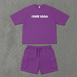 Custom Unisex Purple Cotton <b>T</b>-Shirt Set With Drawstring Shorts Simple Solid Design Heat-Transfer Printing Casual Summer Wear - Product Image 4