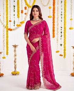 Sari en soie rose AARA Fashion avec broderie dorée, tenue de mariage indienne traditionnelle pour femmes, protection solaire toutes saisons - Product Image 1