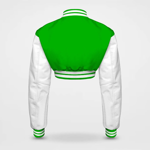 Green And <b>White</b> Varsity <b>Jacket</b> With Button Closure Preppy Style Autumn Wear Regular Fit Unisex <b>Short</b> Length PU Material - Product Image 2