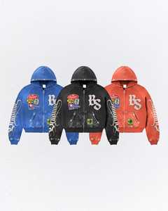 Hoodie surdimensionné à fermeture éclair en coton et polyester, fabrication sur mesure, prix de gros, meilleure qualité, patchwork, délavé à l'acide, avec strass - Product Image 1