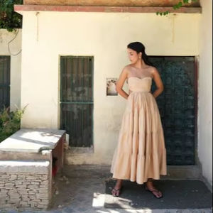 Vestido maxi informal de verano para mujer, a rayas, sin espalda, sexy, holgado, con dobladillo grande, sin cuello, cintura natural, elegante, de lino - Product Image 1