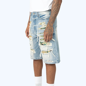New Best Selling Men's Denim Shorts High Waist Light Wash Breathable Casual Plain Custom Summer Sports <b>Overalls</b> - Product Image 3