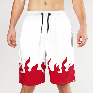 Short de bain décontracté pour homme, blanc avec imprimé flamme rouge, séchage rapide, cordon de serrage, longueur courte - Product Image 1