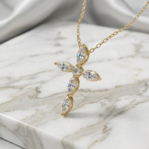 1.00CTW Marquise Lab Grown Diamond Cluster Cross <b>Pendant</b> Necklace Prong Set <b>Solid</b> <b>Gold</b> Luxury Religious Jewelry Gift Women Men - Product Image 1