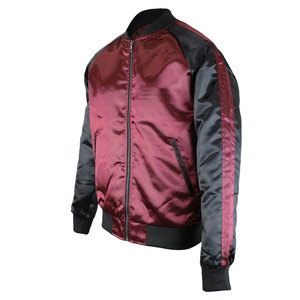 Men's Maroon Satin Waterproof Vintage Stand Collar Bomber Jacket Black Accents <b>Covered</b> <b>Button</b> Closure Casual Style Winter Wear - Product Image 6