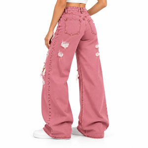 High Quality <b>Women</b> Ripped Wide Leg <b>Jeans</b> High Waist Distressed Denim Trousers <b>Baggy</b> Damaged Pants Custom <b>Women's</b> Denim <b>Jeans</b> - Product Image 4