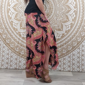 Women's ODM <b>Pants</b> 100% Cotton Flared Cut Slit Sides High Elastic Waist Breathable Quick Dry Anti-Wrinkle Pink <b>Black</b> Ethnic Print - Product Image 3