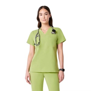 Blusa Médica Verde Lima para Mujer, Manga Corta, Cuello en V, con Bolsillo, Uniforme de Hospital, Mezcla de Algodón y Poliéster - Product Image 1
