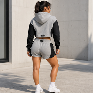 Women's Cropped Hoodie Shorts Set Cotton <b>Blend</b> Tracksuit Wholesale Private Label Lounge Wear - Product Image 4