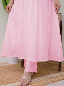 Robe décontractée traditionnelle rose en coton brodé pour femme, longueur genou, séchage rapide, style Inde Pakistan, coupe régulière, été - Product Image 5