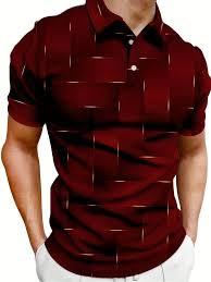 Polo géométrique personnalisé pour homme |   Polo de luxe bordeaux coupe ajustée à manches courtes |   Haut décontracté à motif quadrillé 3D - Product Image 3