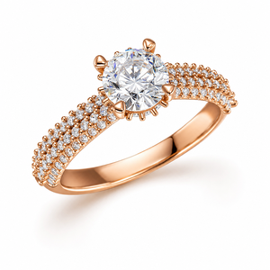 Bague de fiançailles solitaire ronde de luxe avec triple rangée de diamants pavés, bande en or rose, diamant de laboratoire, bijoux personnalisés OEM ODM - Product Image 1