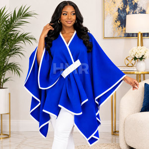 HMR Sorority Sisterhood <b>Blue</b> Asymmetric <b>Poncho</b> With White Trim Batwing Sleeve V-Neck Long Cardigan Sweater - Product Image 4