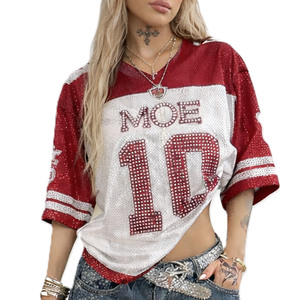 เสื้อเจอร์ซีย์อเมริกันฟุตบอลคอวี แขนสั้น ประดับเพชร หมายเลข  สำหรับผู้หญิง ทรงโอเวอร์ไซส์ ผ้าตาข่าย เหมาะสำหรับวันแข่งขัน รับผลิตชุดทีมตามสั่ง - Product Image 4