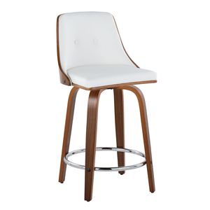 Gianna 24\" Mid Century Modern Counter <b>Stool</b> Walnut Wood and White Faux <b>Leather</b> with Chrome Fixed Height and Swivel-Bar <b>Stools</b> - Product Image 2
