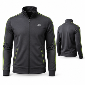 Veste de sport noire en polyester pour homme avec bordure vert citron, col montant, fermeture éclair, design sportif, logo personnalisé sur le devant - Product Image 1