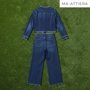 Conjunto de Chaqueta Vaquera Azul Oscuro y Jeans de Pierna Ancha para Mujer, Conjunto Casual de Dos Piezas, Ropa Vaquera a la Moda - Product Image 6