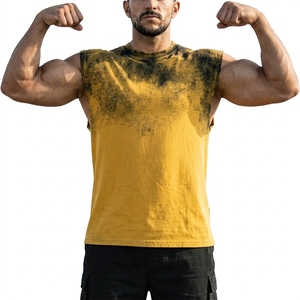 Men's Sleeveless Dip Dye Tank <b>Top</b> O-Neck Cotton Muscle Tee Casual Breathable Yellow Black Print Knitted Style - Product Image 4