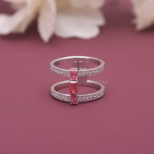 Bague double bande en argent sterling 925 massif avec diamant rose fantaisie cultivé en laboratoire certifié IGI, taille émeraude, style ouvert et tendance - Product Image 1