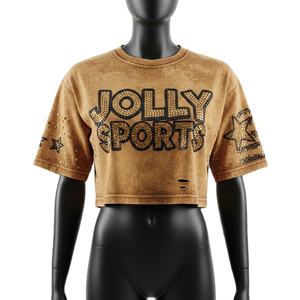 Women Crop <b>Top</b> T Shirt Premium GSM Cotton Jersey Vintage Wash Hotfix <b>Rhinestone</b> Logo Crop Tee Breathable Women Crop <b>Top</b> T Shirt - Product Image 1