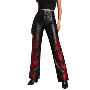 Pantalones de cuero con estampado de llamas en negro y rojo para mujer, pantalones acampanados de cuero de oveja de cintura alta, pantalones de motociclista, moda Y2K - Product Image 1