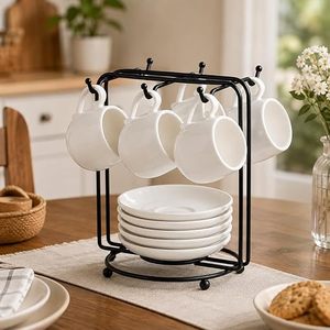 Support à tasses minimaliste en métal avec rangement pour assiettes, organisateur de vaisselle de cuisine à double niveau sur pied, noir - Product Image 1