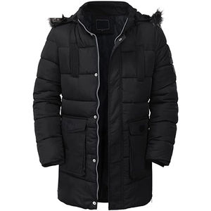<b>Men's</b> Long <b>Hooded</b> Jacket Solid Color Winter <b>Coat</b> With <b>Fur</b> Trim Zipper Closure And Pockets Casual Windproof Thick Outerwear - Product Image 1