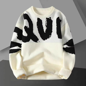 Pull en tricot à col rond pour homme avec imprimé lettres blanches, coupe classique, style vintage, vêtement décontracté d'automne, sweat-shirt pour homme - Product Image 4