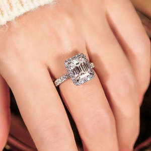 Premium <b>Emerald</b>-Cut Moissanite Halo Engagement <b>Ring</b> 925 Sterling <b>Silver</b> Prong Setting Elegant Bridal Band Rhodium Plated - Product Image 2