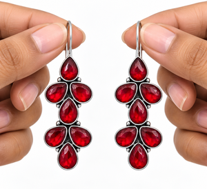 Boucles d'oreilles pendantes longues en argent oxydé avec pierre rouge, style mode, pour femmes, bijoux en gros - Product Image 5