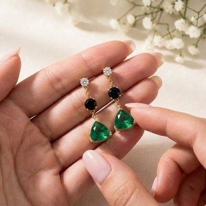 Natural Trillion Cut Emerald <b>Earrings</b> With Black Obsidian Drop CZ Accent <b>Stud</b> <b>Earrings</b> 925 Sterling <b>Silver</b> Elegant Minimalist - Product Image 3