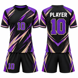 Tenue de football personnalisée noire et violette à imprimé géométrique, sublimée, anti-humidité, manches courtes, coupe athlétique unisexe adulte - Product Image 1